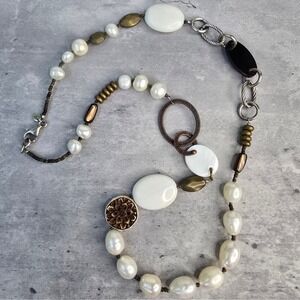 Silpada Retired Mixed Media Necklace Freshwater Pearl Shell Bronze 24 Inch